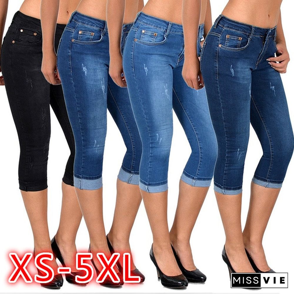 Women Capris Pants Denim Skinny Stretch Jeans Shorts Capris Pants Plus Size