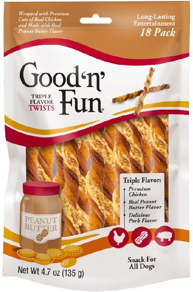 Good 'n' Fun Triple Flavor Peanut Butter Twists Dog Rawhide Treat， 4.7-oz bag， 18 count