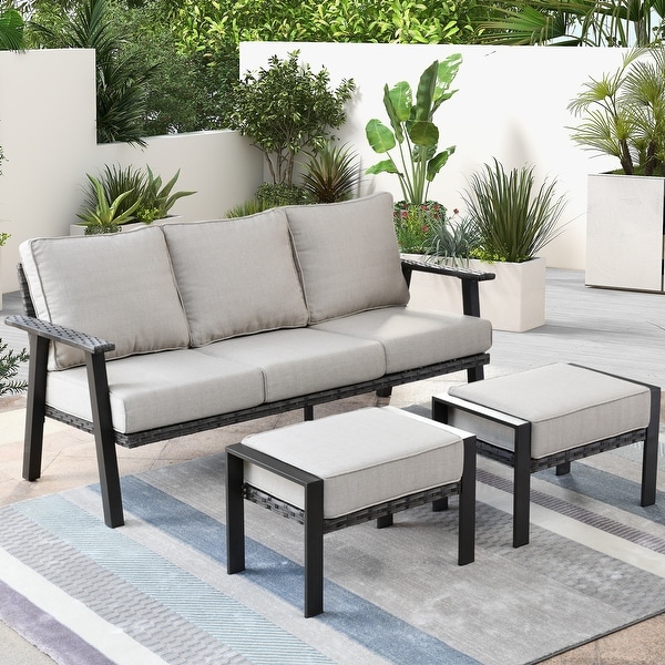 OVIOS Outdoor 3piece Wicker Sectional Sofa Set With Ottoman Steel Frame