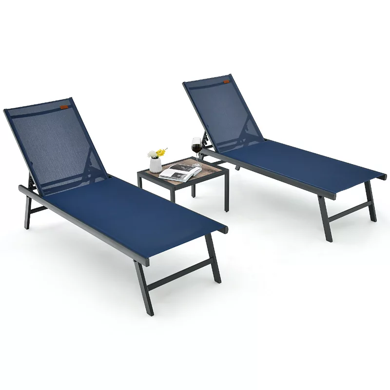 3 Pieces Patio Chaise Lounge Chair and Table Set for Poolside Yard