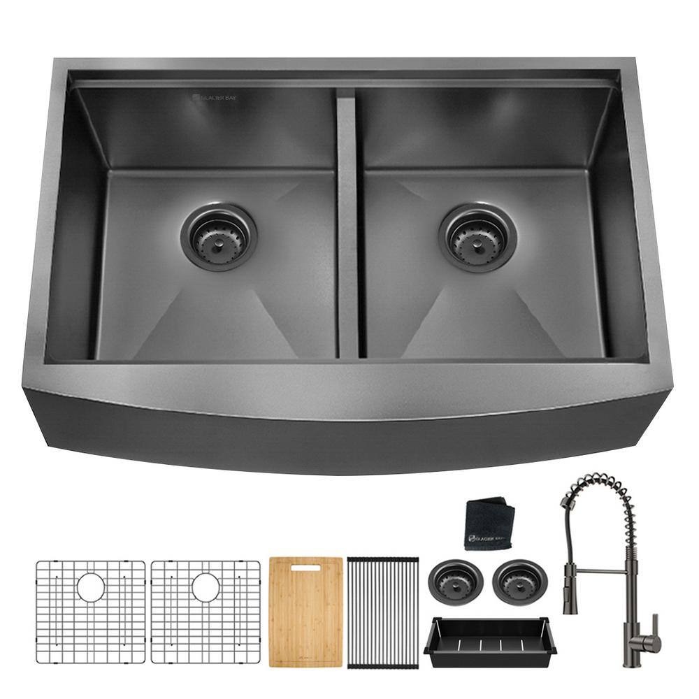 Glacier Bay 33 in. Gunmetal Black Stainless Steel Double Bowl Farmhouse Workstation Kitchen Sink with Black Spring Neck Faucet ACS3322A2Q-FW