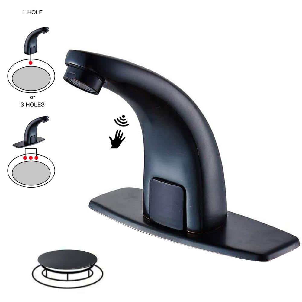 BWE DC Powered Commercial Touchless Single Hole Bathroom Faucet With Deck Plate and Pop Up Drain In Oil Rubbed Bronze