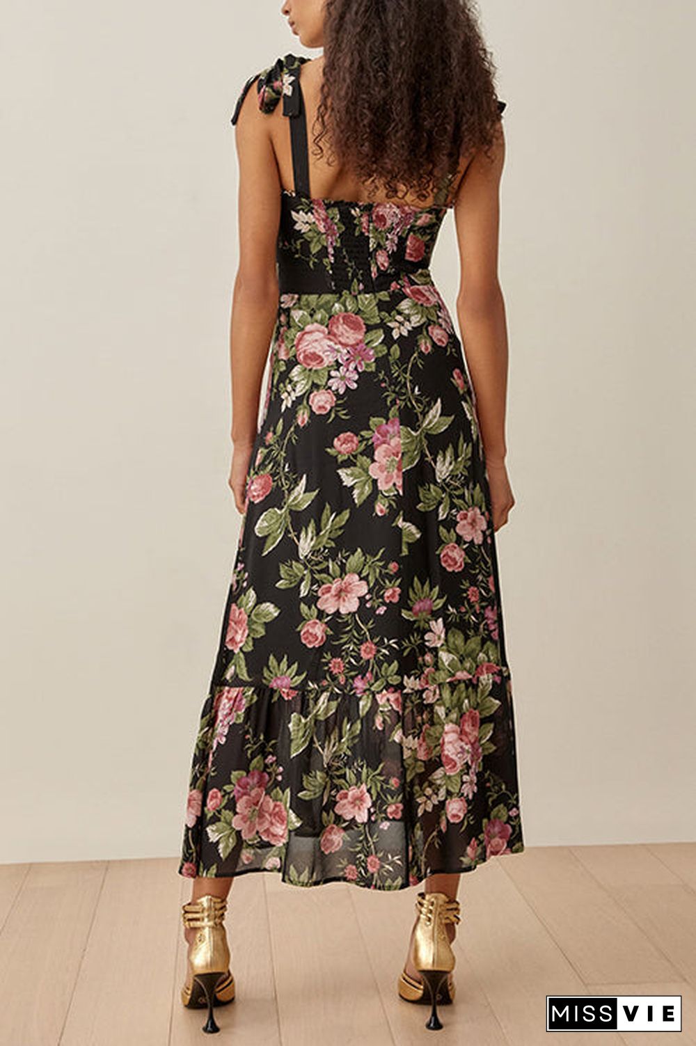 Print Tie Slip Slim Midi Dress