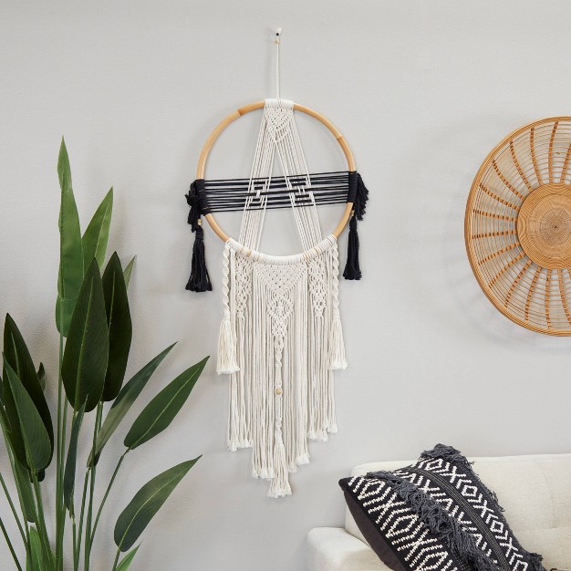 Cotton Macrame Handmade Intricately Weaved Wall Decor With Beaded Fringe Tassels Black Olivia amp May