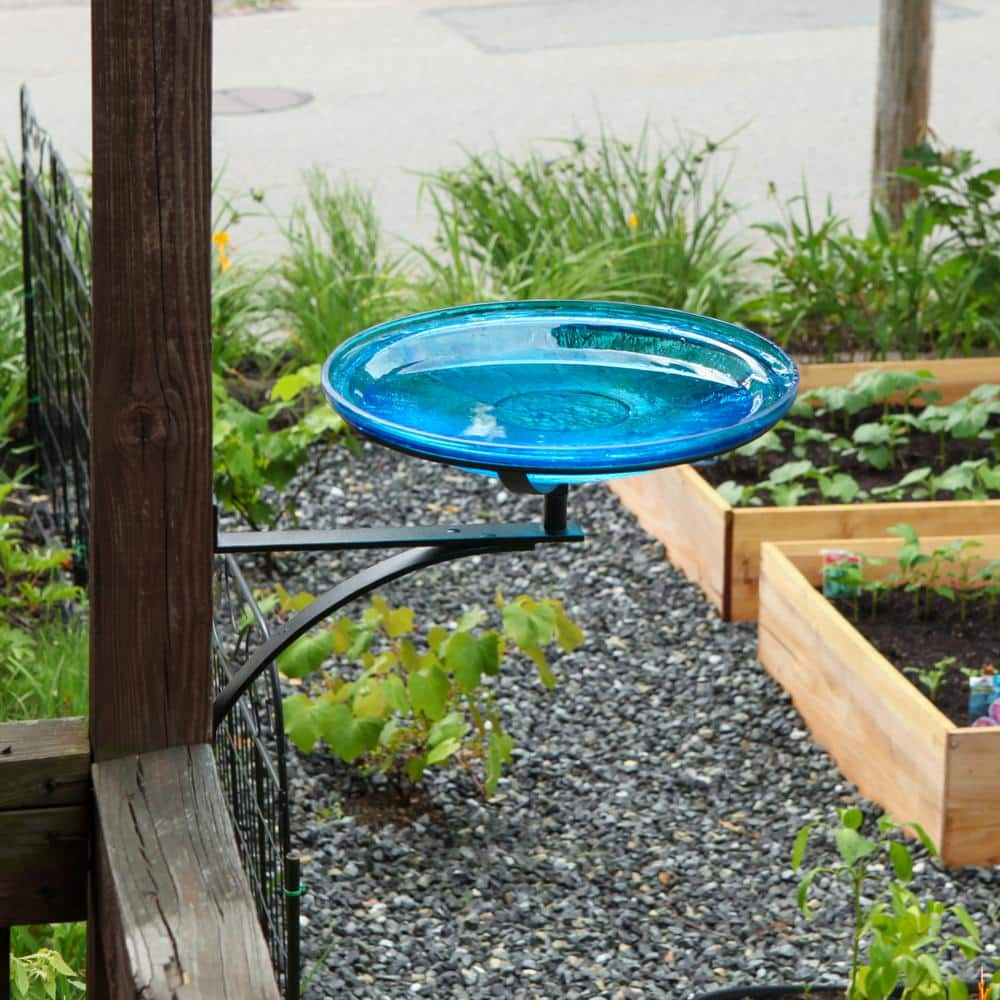 ACHLA DESIGNS 14 in. Dia Round Teal Blue Crackle Glass Birdbath with Black Wrought Iron Wall Mount Bracket CGB-14T-WM2