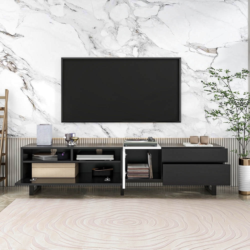 Contemporary TV Stand for 80 inch TVs   Double Storage Space  Modern Minimalist Style  Drop Down Doors  Cable Management