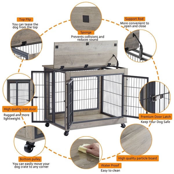 Dog Crate Side Table on Wheels with Double Doors and Lift Top