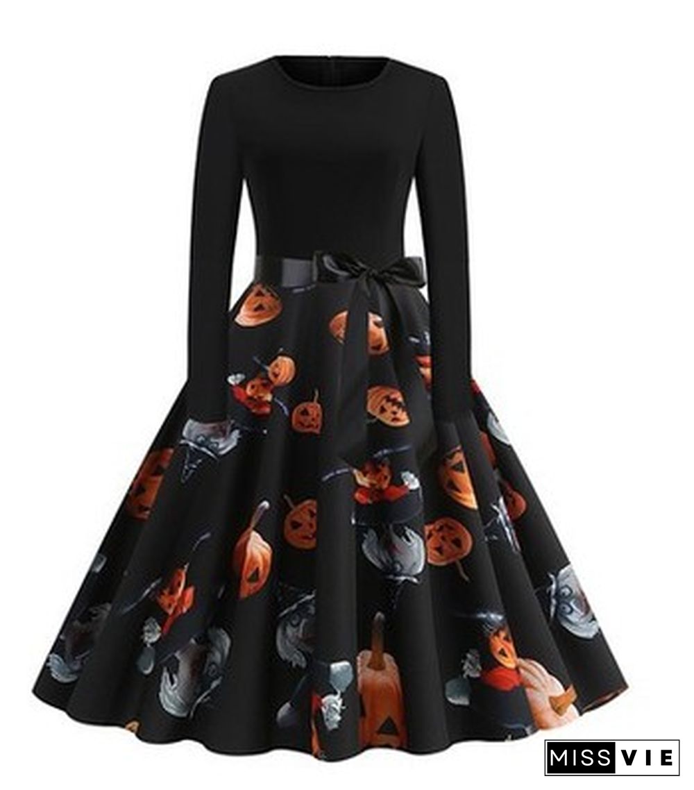 Halloween Print Stitching Long-Sleeved Big Dress