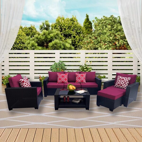 Modern 7PC PE Rattan Wicker Sofa Set，Cushioned Outdoor Furniture，Coffee Table