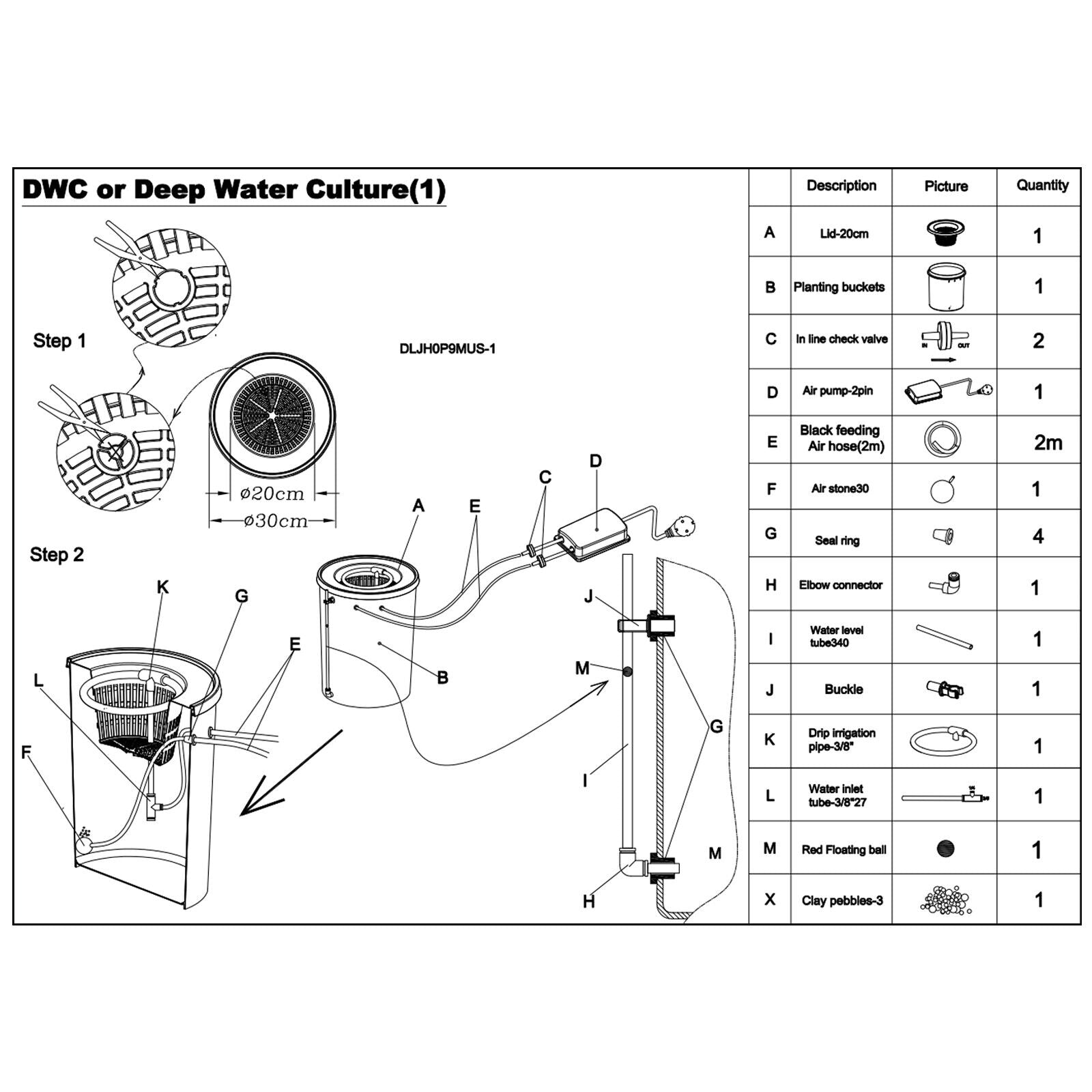 DENEST Deep Water Culture DWC Hydroponic Grow System Kit 5 Gallon Round Bucket Set 110V