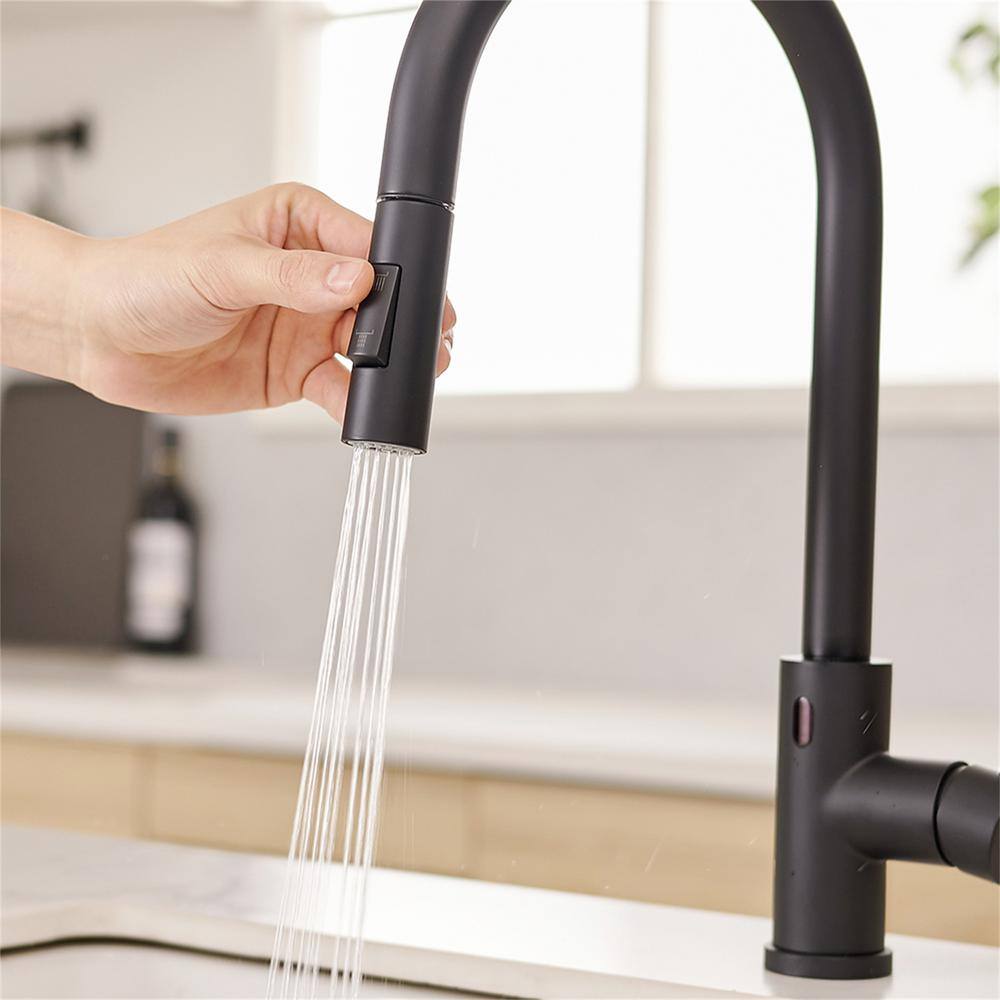 FLG Single Handle Touchless Gooseneck Pull Down Sprayer Kitchen Faucet Modern Smart 1 Hole Solid Brass Taps in Matte Black CC-0138-MB