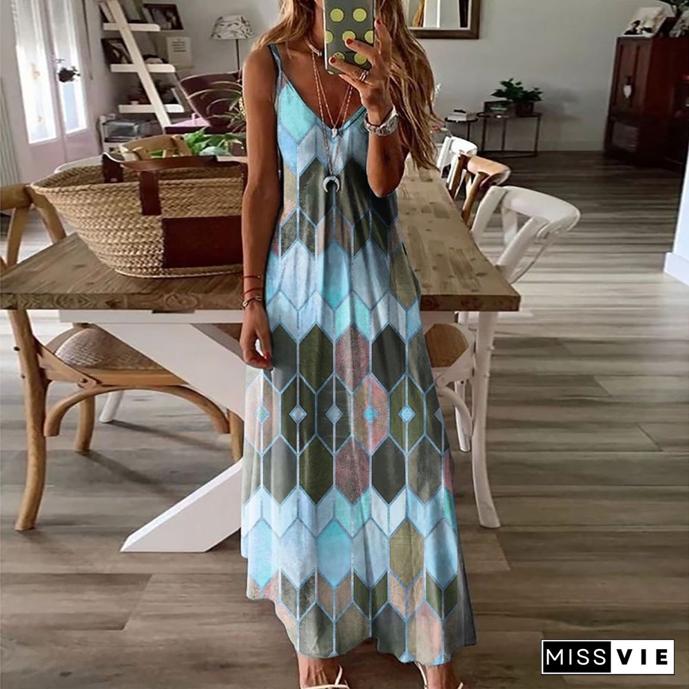 Spaghetti Strap Backless Sleeveless Tie-Dye Long Maxi Dress