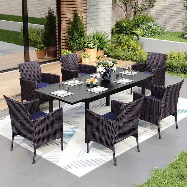 7/9piece Patio Dining Set，Expendable Rectangular Outdoor Dining Table with Rattan Chairs