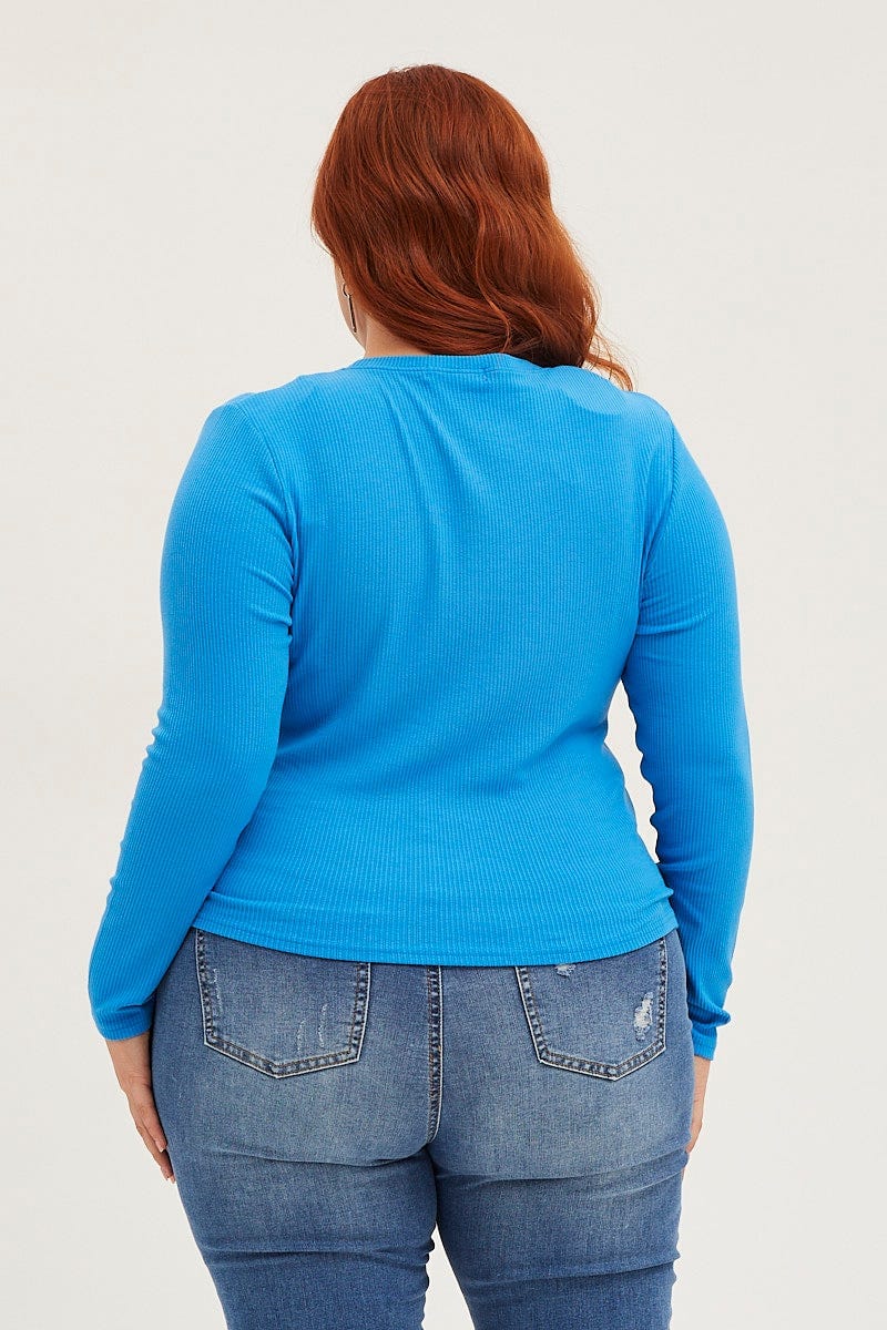 Blue T-shirt Crew Neck Long Sleeve Rib Semi Crop