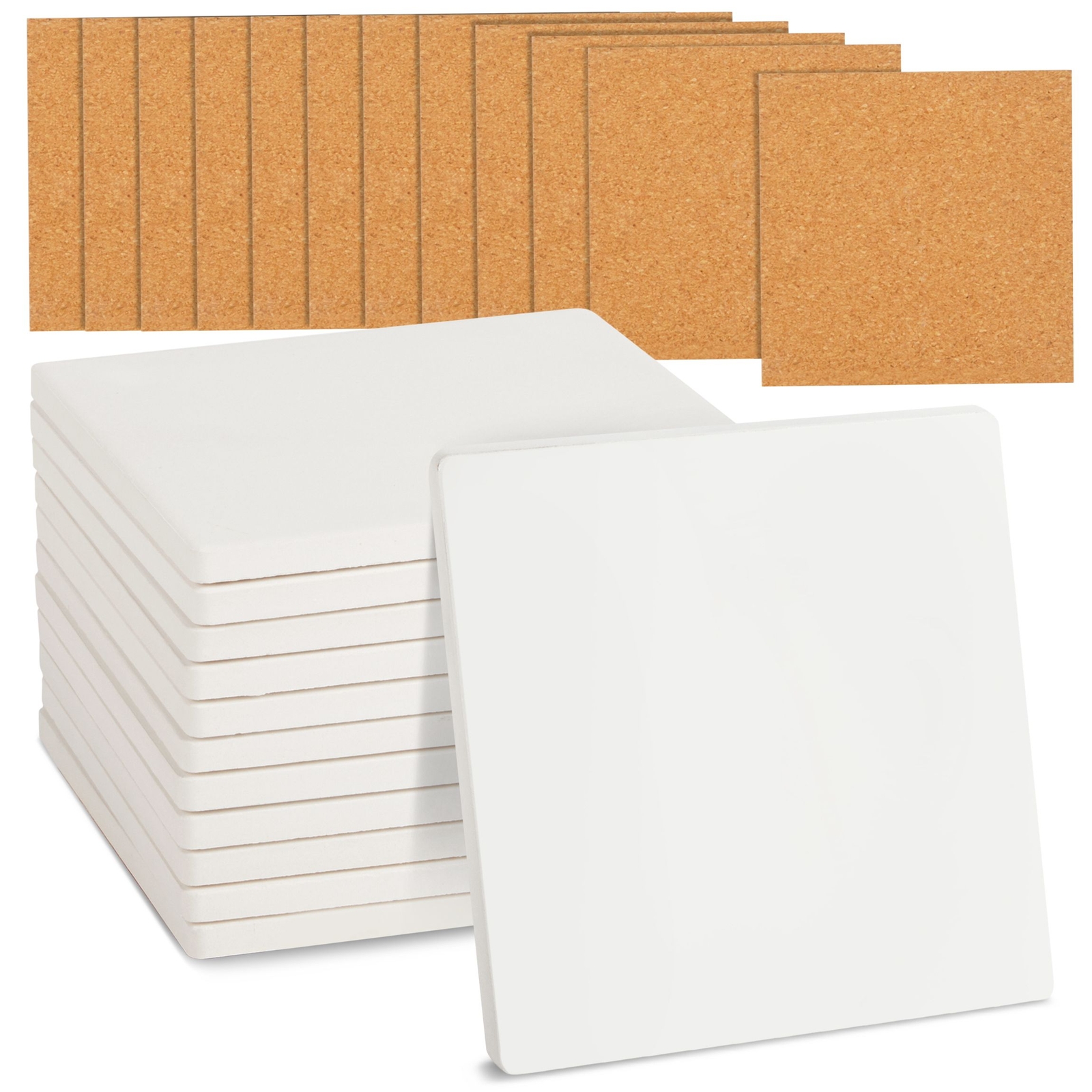 4 Inch Square Ceramic Tiles for Crafts with Cork Backing Pads， 12 Pack of Unglazed White DIY Coasters for Painting