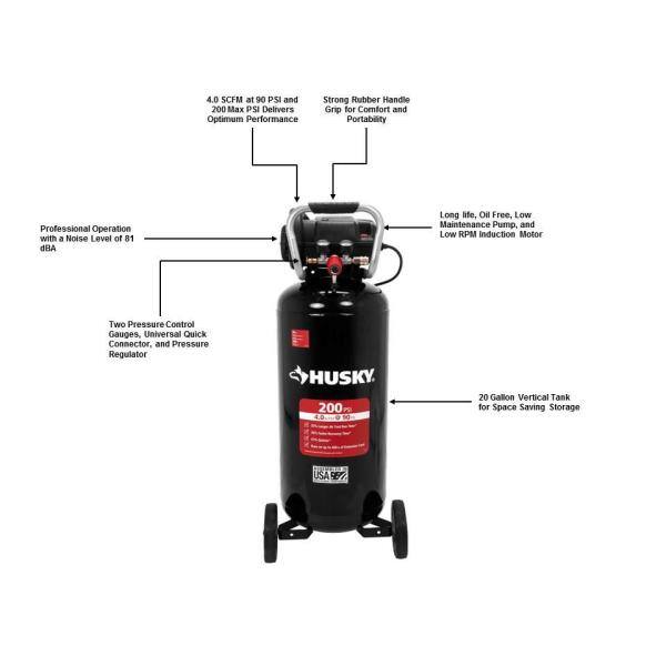 Husky 20 Gal. 200 PSI Oil Free Portable Vertical Electric Air Compressor C202H