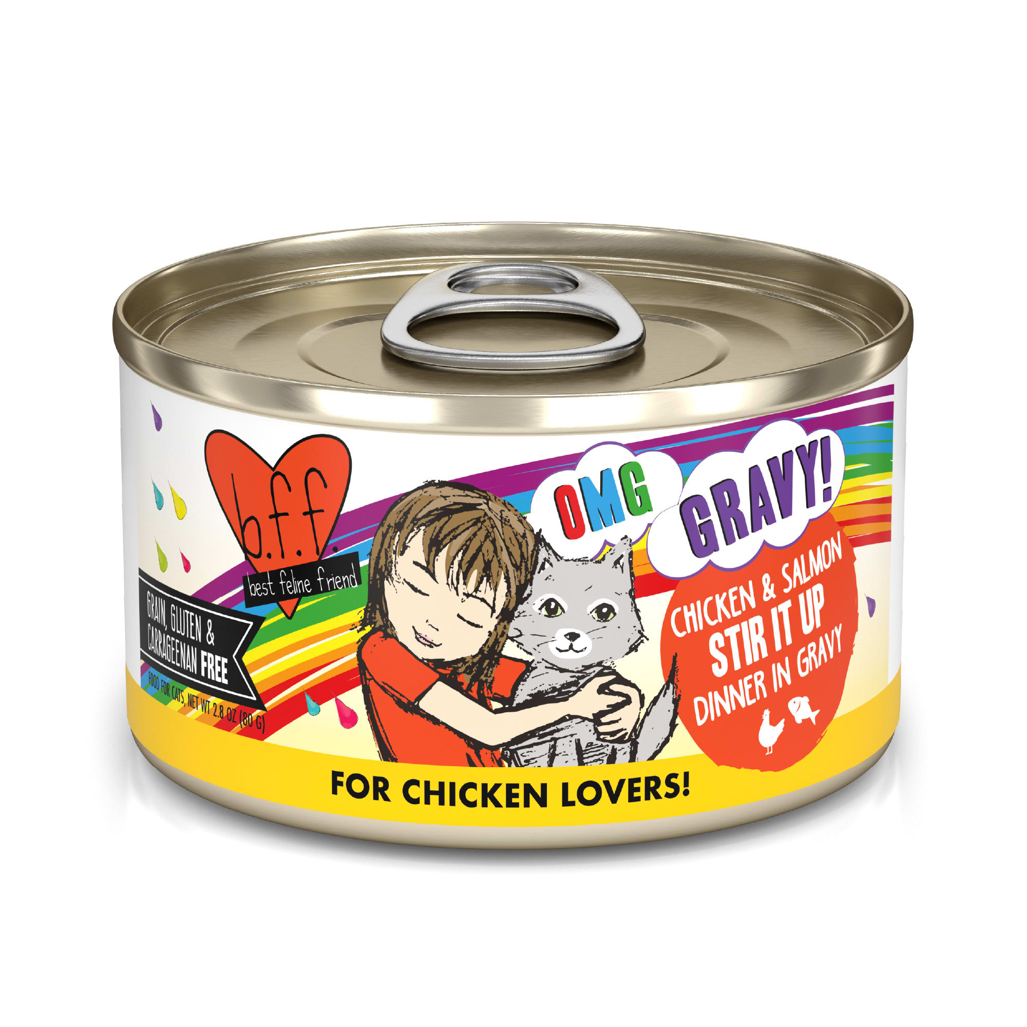 B.F.F. OMG Stir it Up Chicken  Salmon Dinner in Gravy Wet Cat Food， 2.8 oz.， Case of 12