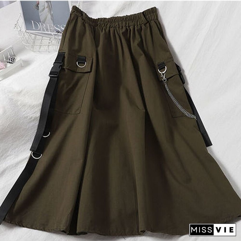 Gothic High Waist Cargo Skirts Woman Harajuku Loose A-line Pocket Midi Skirt Summer Hip Hop Fashion Korean Streetwear Y2k Skirt