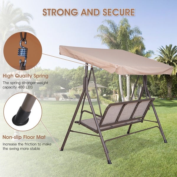 3 Seats Luxury Outdoor Porch Swing Chair With Cup Holders and Adjustable Canopy