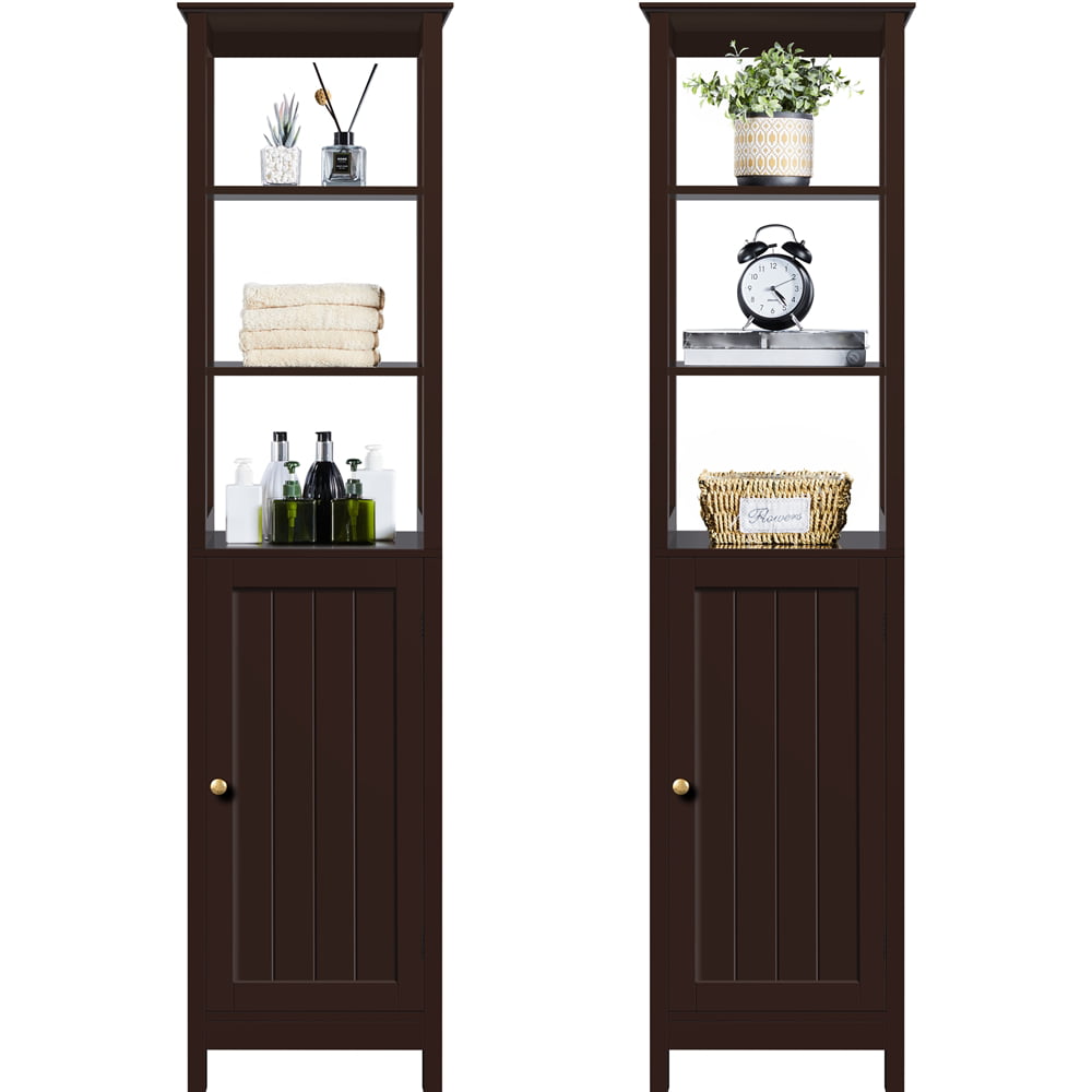 SMILE MART Wood Tower Cabinet with 3 Open Shelves and 1 Adjustable Shelf, Espresso