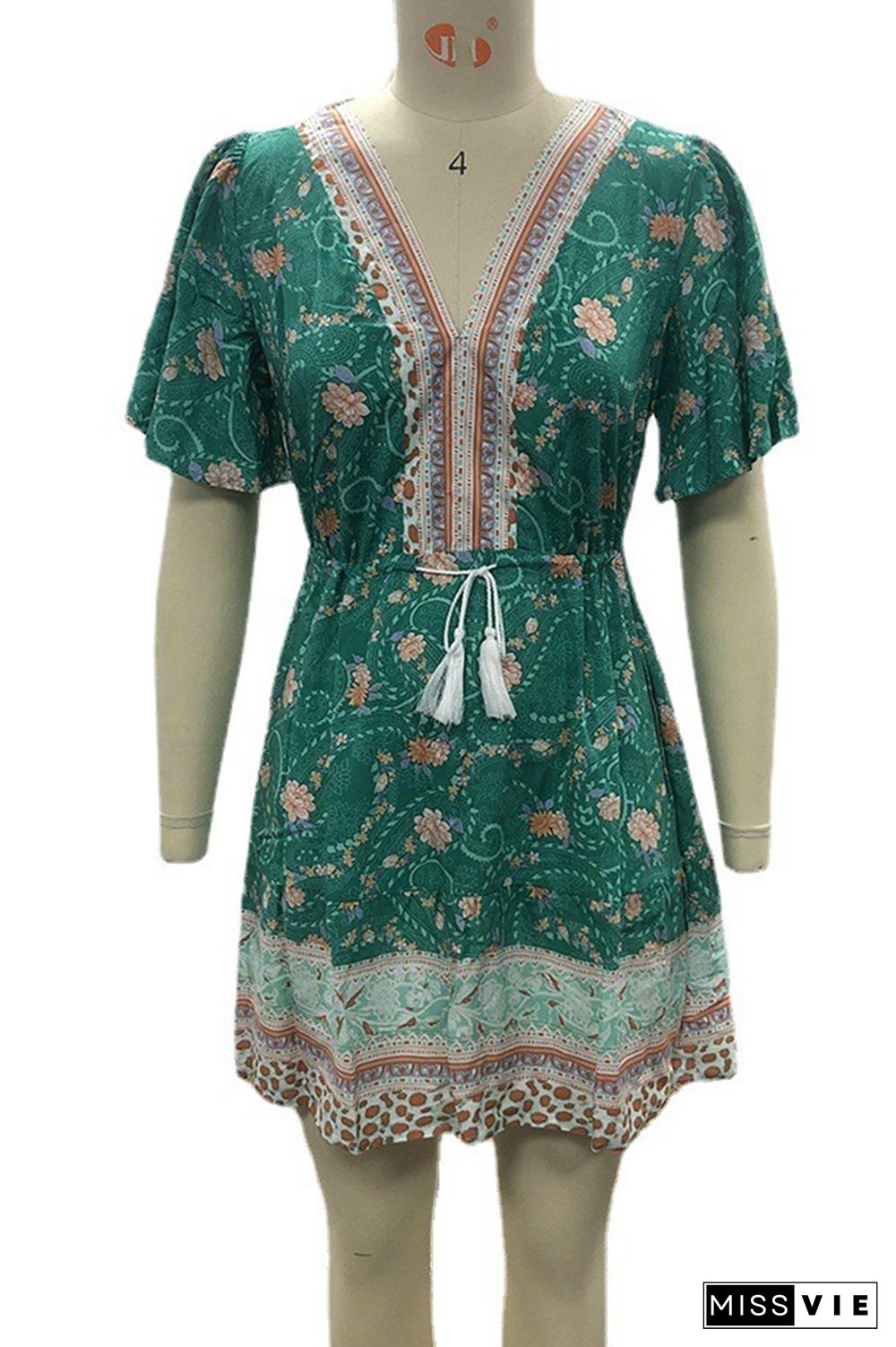 Boho Printed V Neck Short Sleeve Beach Dress Wholesale