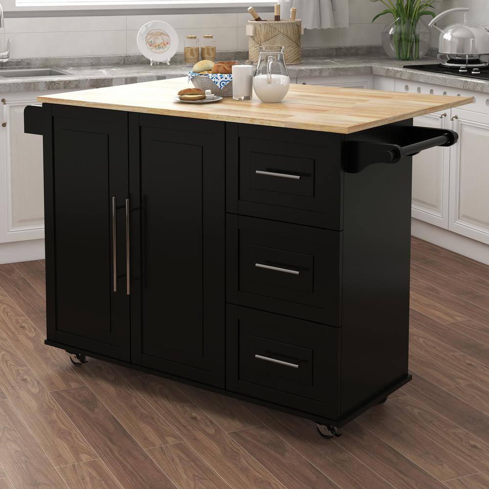 Tileon Black Kitchen Island with Spice Rack Towel Rack and Extendable Solid Wood Tabletop AYBSZHD308