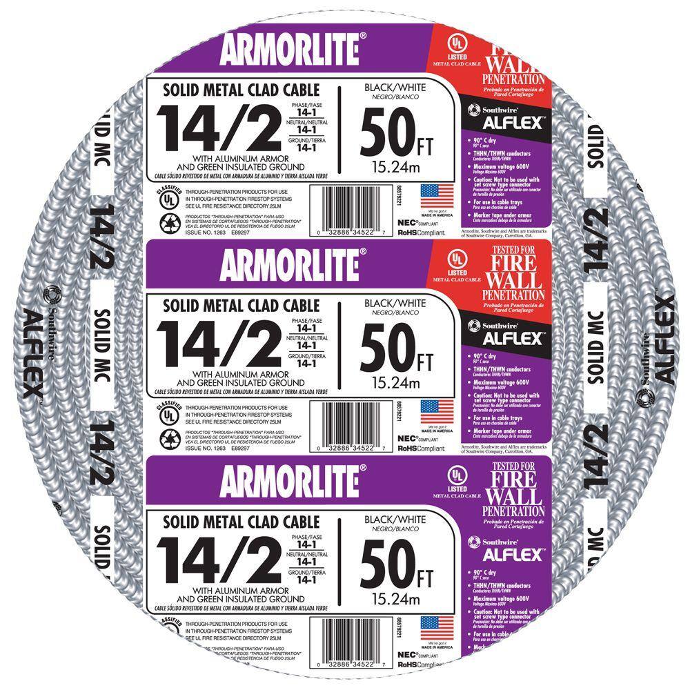 Southwire 142 x 50 ft. Solid CU MC (Metal Clad) Armorlite Cable 68579252