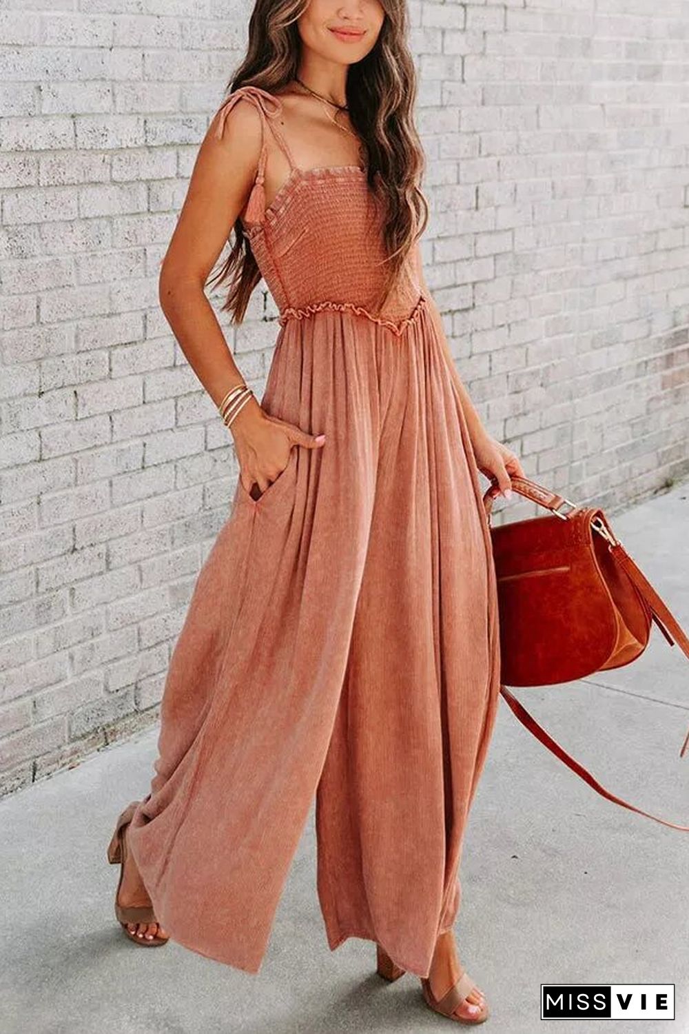 Smocked Pocket Wide Leg Slip Jumpsuit