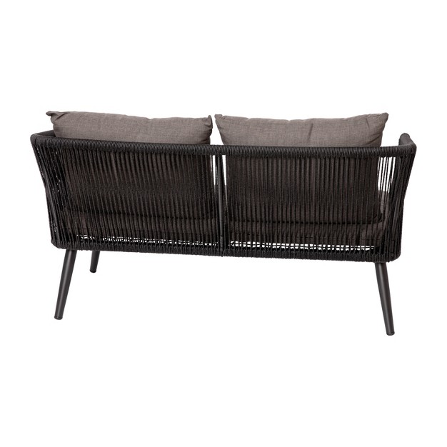 Merrick Lane Outdoor Furniture 4 Piece Black Woven Aluminum Frame Loveseat 2 Chair And Coffee Table Set With Gray Cushions