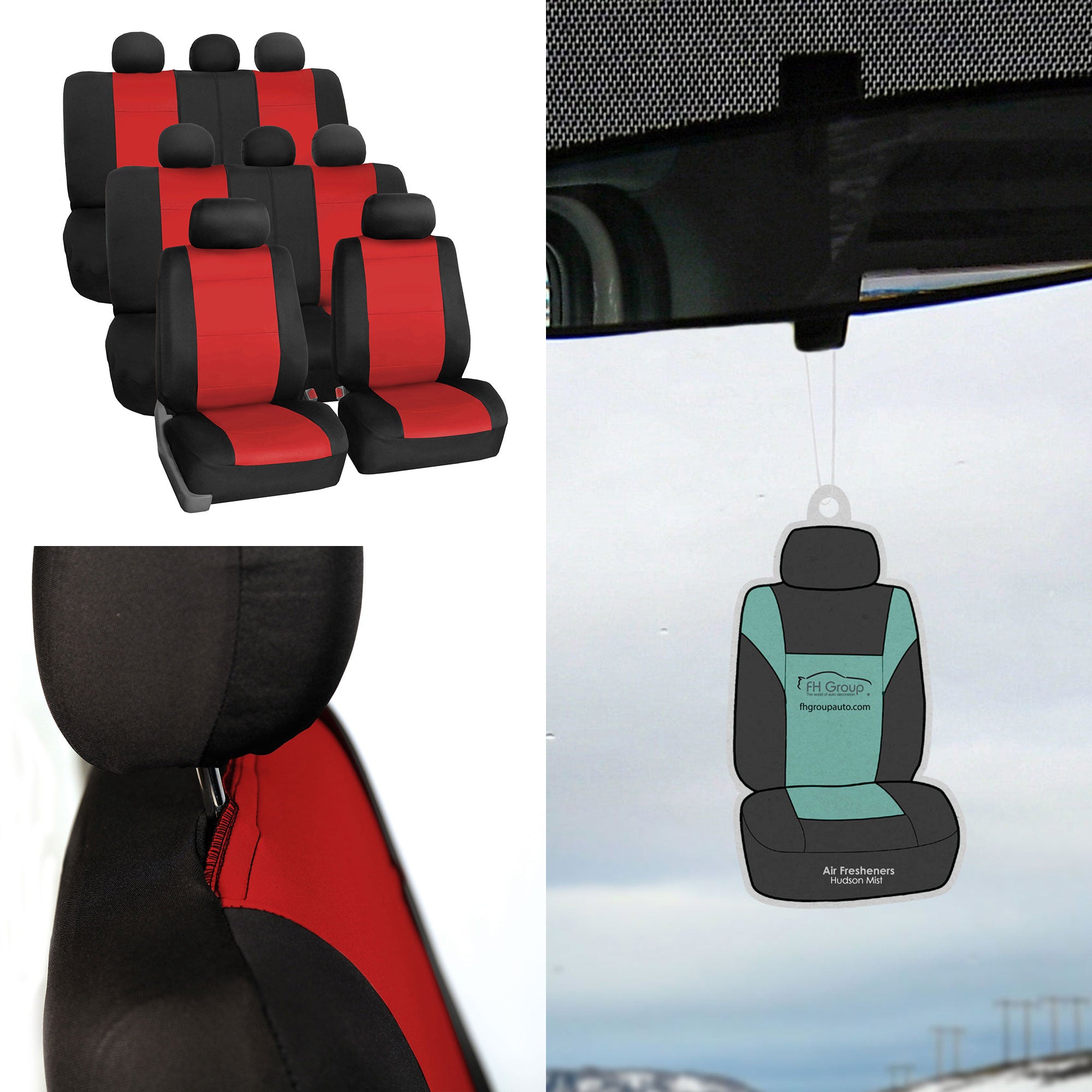 FH Group Neoprene 3 Row Car Seat Covers For SUV， Airbag Ready Split Bench 8 Seater， Red Black with Free Air Freshener