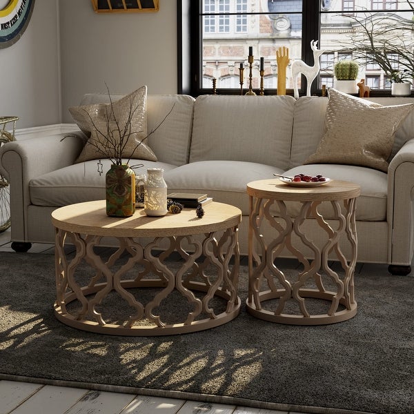 Farmhouse Coffee Table， Distressed Wood Top Table with Curved Motif Frame Base for Boho， Rustic， French Country - as picture