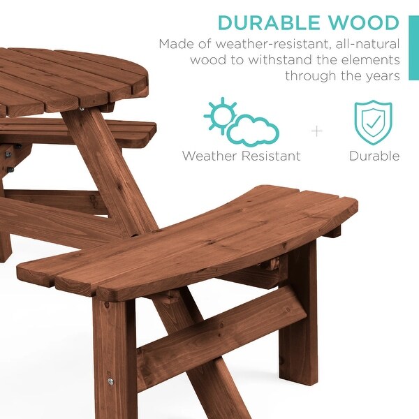 6Person Circular Wooden Picnic Table w/ Umbrella Hole，3 Benches