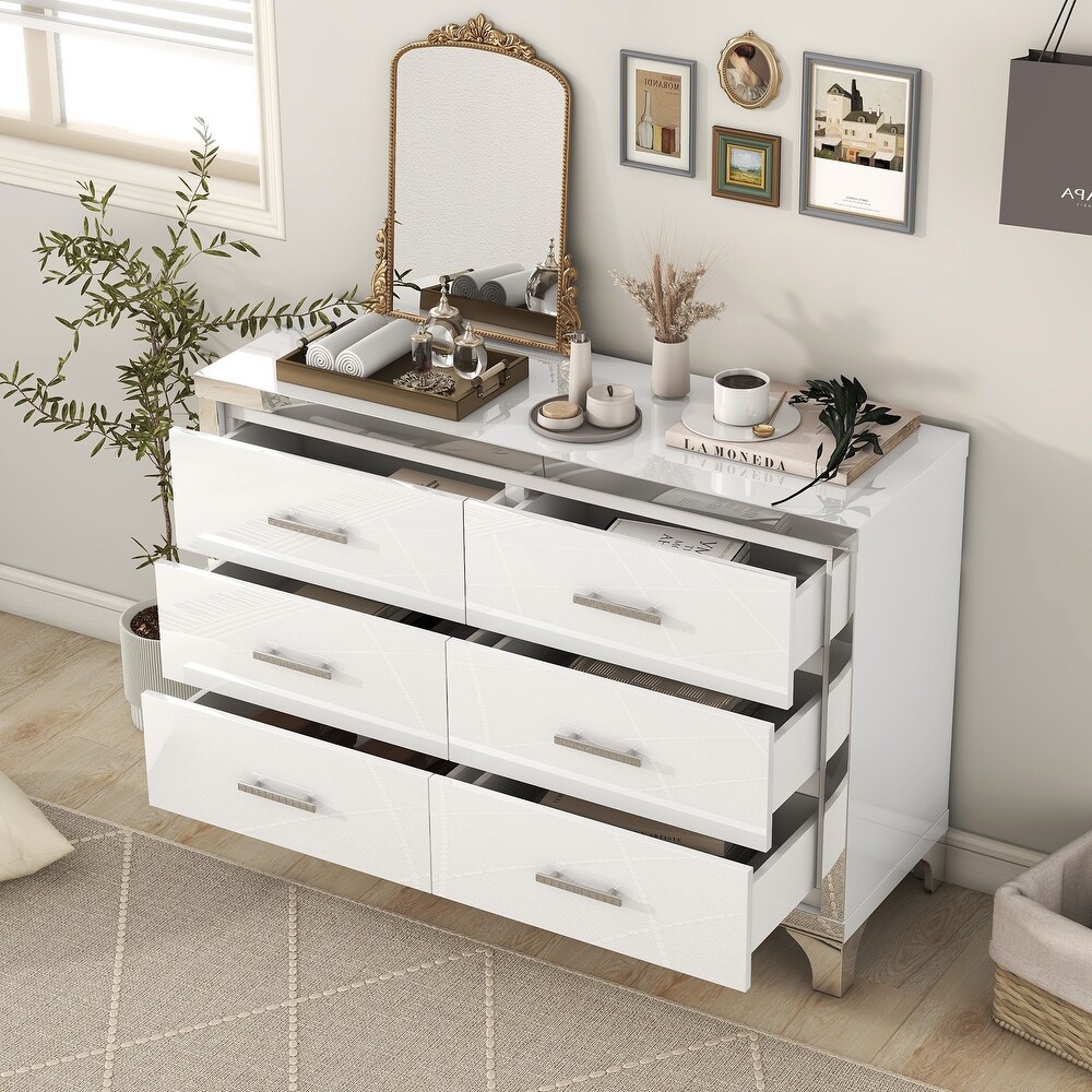 High Gloss Dresser with Metal Handle  Mirrored Storage Cabinet with 6 Drawers for Bedroom  Living Room