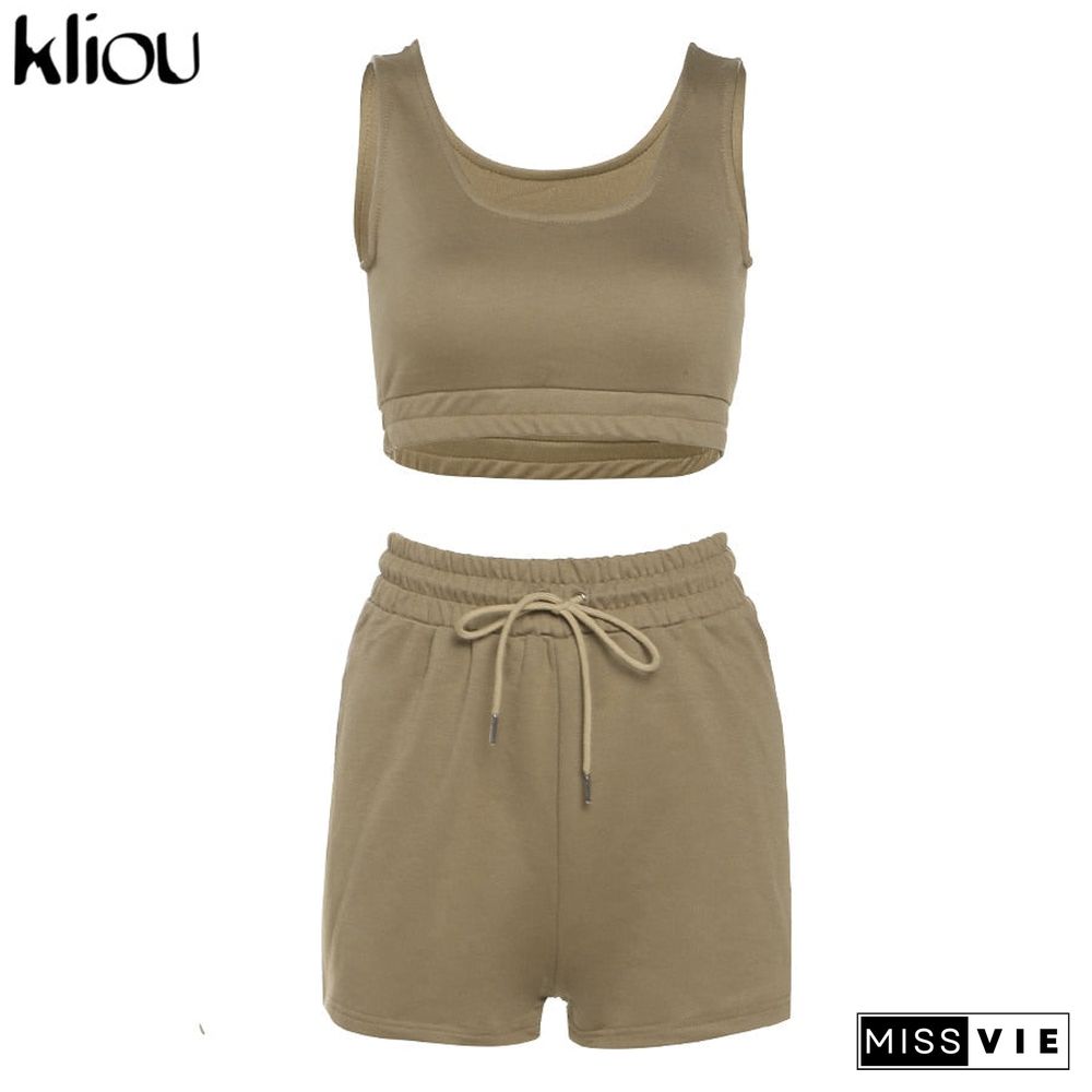 Kliou Casual Solid Sportswear Two Piece Sets Women Crop Top And Drawstring Shorts Matching Set Summer Athleisure Outfits