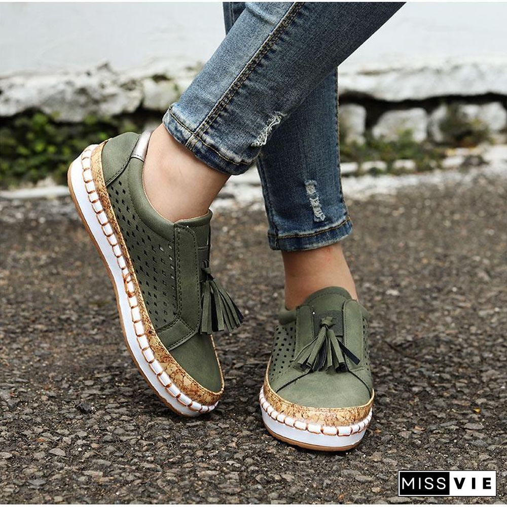 Women Slip On Hollow Out Flats Ladies Breathable Loafers Casual Platform Vulcanized Sewing Sneakers Shoes