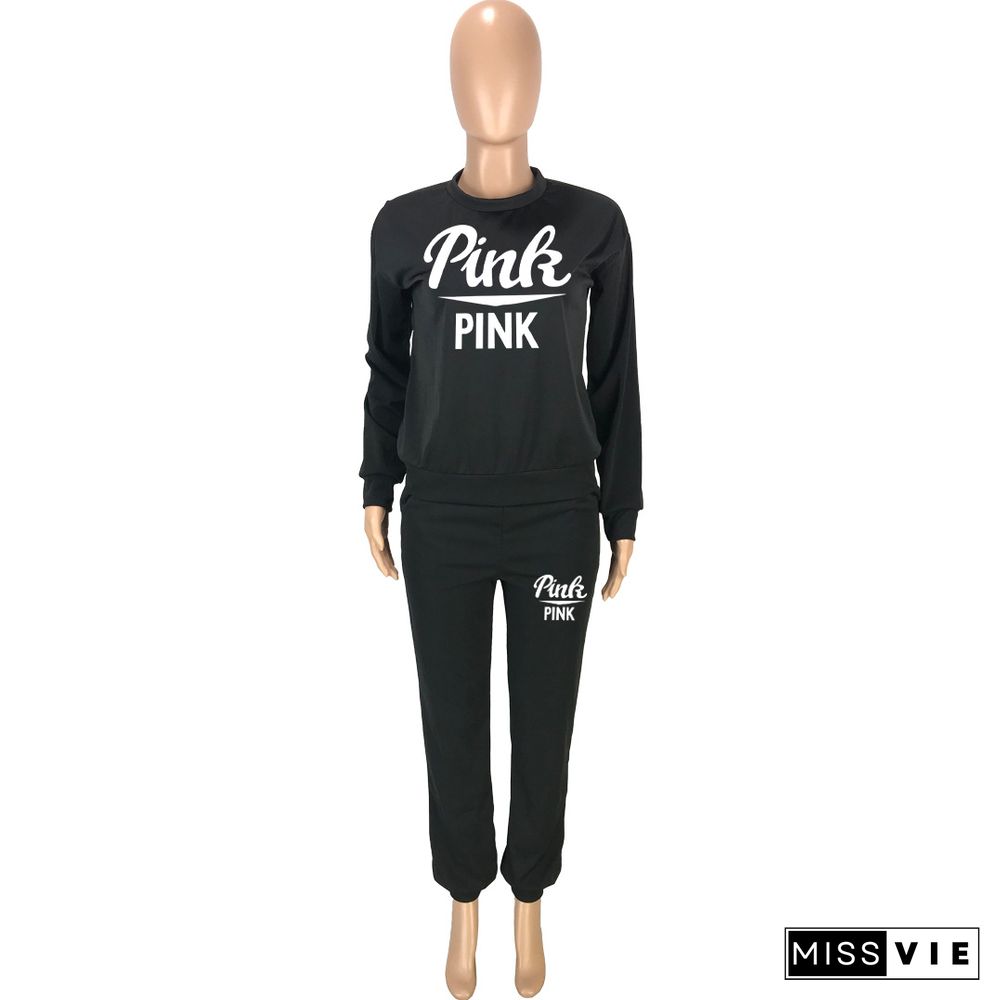 Pink Letter Print Loose T Shirt Pants 2 PCS Outfits