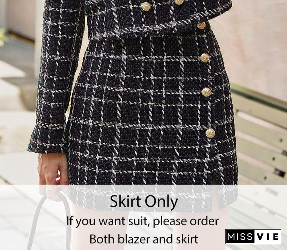 Office plaid lapel women blazer autumn Elegant high waist split female mini skirt suits Za fashion long sleeve suit set