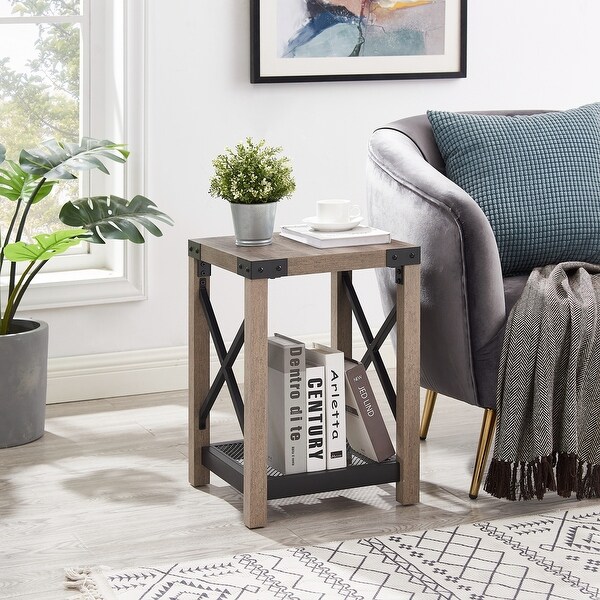 Farmhouse Wood Side Table with Mesh Shelf