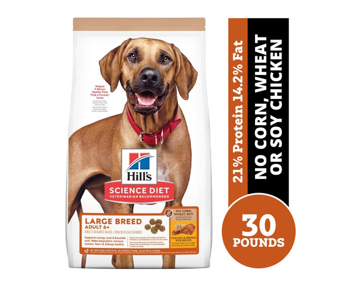 Hills Science Diet Adult 6+ Large Breed No Corn， Wheat or Soy Chicken  Brown Rice Recipe Dry Dog Food， 30 lb. Bag