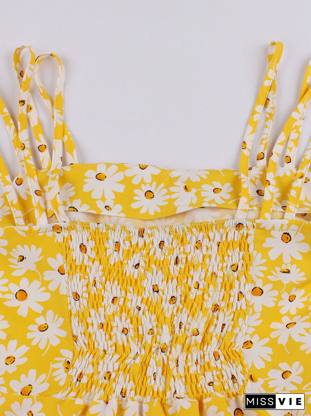 Bow Front Cute Daisy Floral Print Women Spaghetti Strap Summer Vacation Beach Casual Vintage Swing Dress