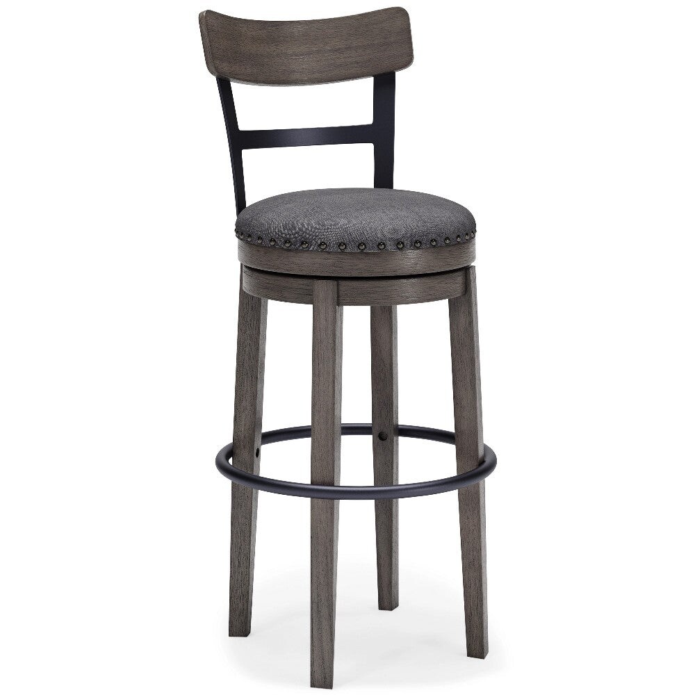 Swivel Barstool with Nailhead Trim and Curved Panel Back， Tall， Gray - 20.38 L x 19.25 W x 43.38 H