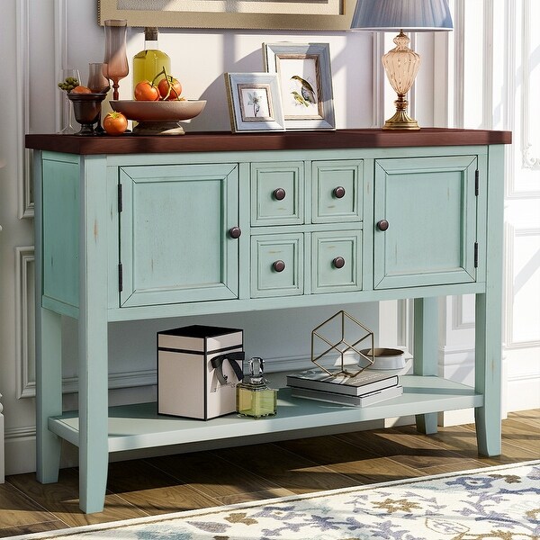 Wooden Console Table with 4 Storage Drawers and 2 Cabinets， Sofa Table with Bottom Shelf and Solid Wood Legs， Retro Blue