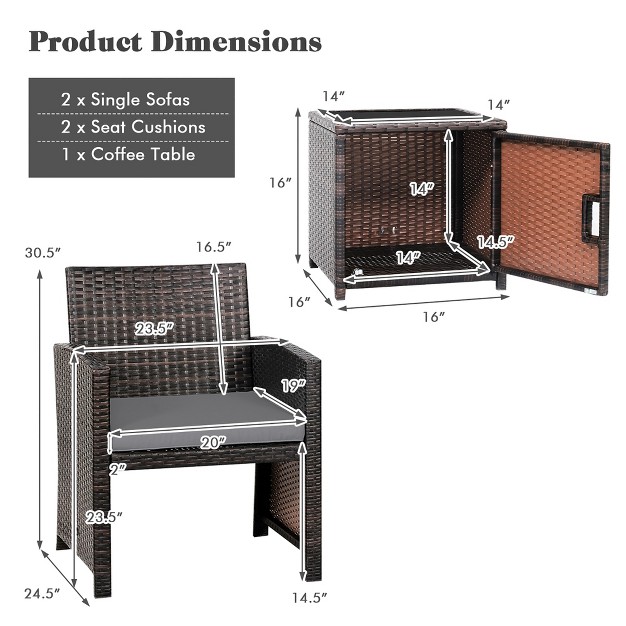 Costway 3pcs Patio Wicker Furniture Set Storage Table W protect Cover Cushioned