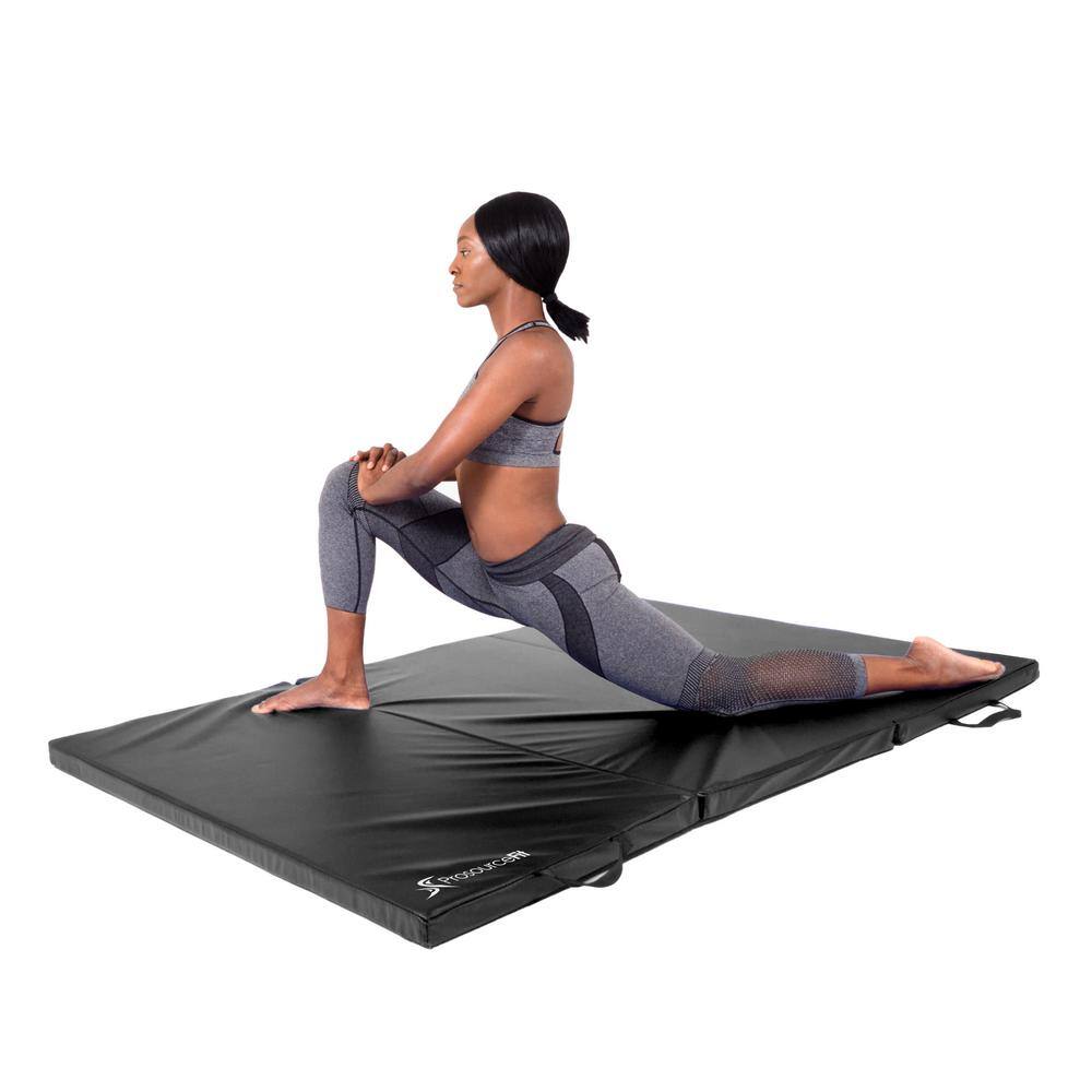 PROSOURCEFIT Tri-Fold Folding Thick Exercise Mat Black 6 ft. x 4 ft. x 2 in. Vinyl and Foam Gymnastics Mat with Carrying Handles ps-1953-tfm-l-black