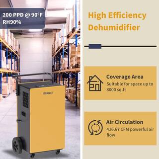 Shinco 200 pt. 8000 sq.ft. Bucketless Commercial Dehumidifier in Yellow with Pump 24 H Timer JSXKRY23061901