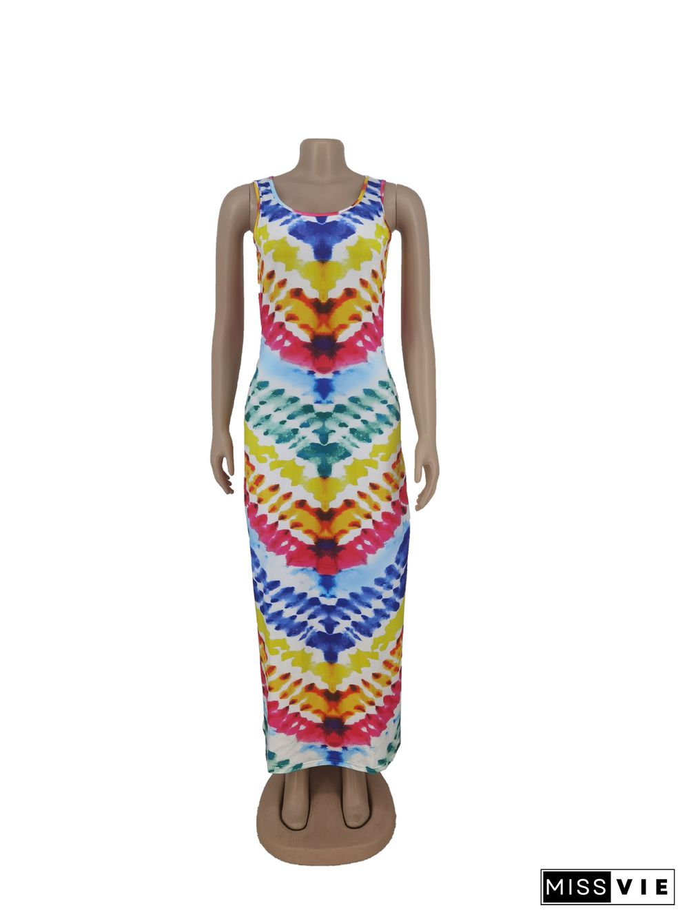 Casual Women Summer Tie-dye Print Sleeveless O Neck Side Slit A Line Beach Party Maxi Dress