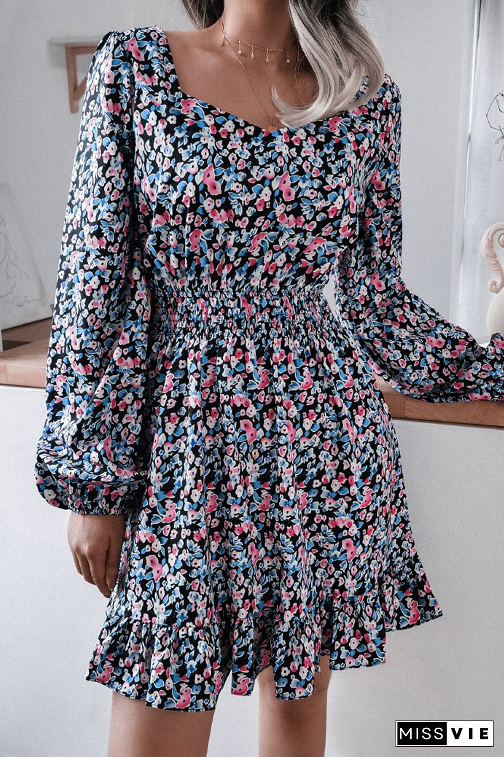 Floral Chiffon Ruffle Lantern Sleeve Dress