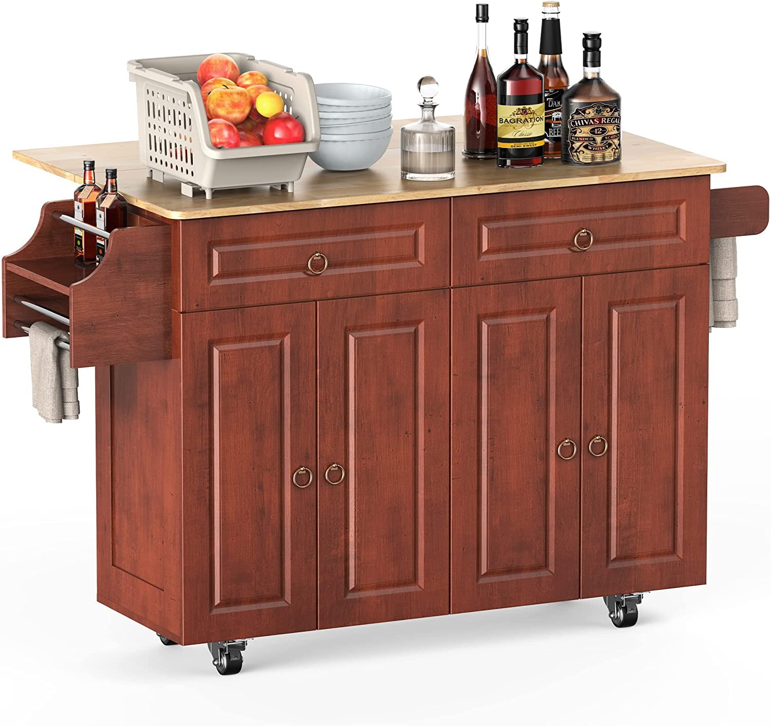 Lofka Kitchen Island with Storage on Wheels w/Drop-Leaf， Spice Rack， Brown