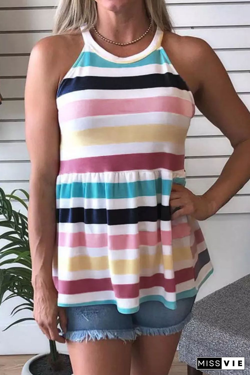 Multicolor Colorful Striped Ruffle Halter Camisole