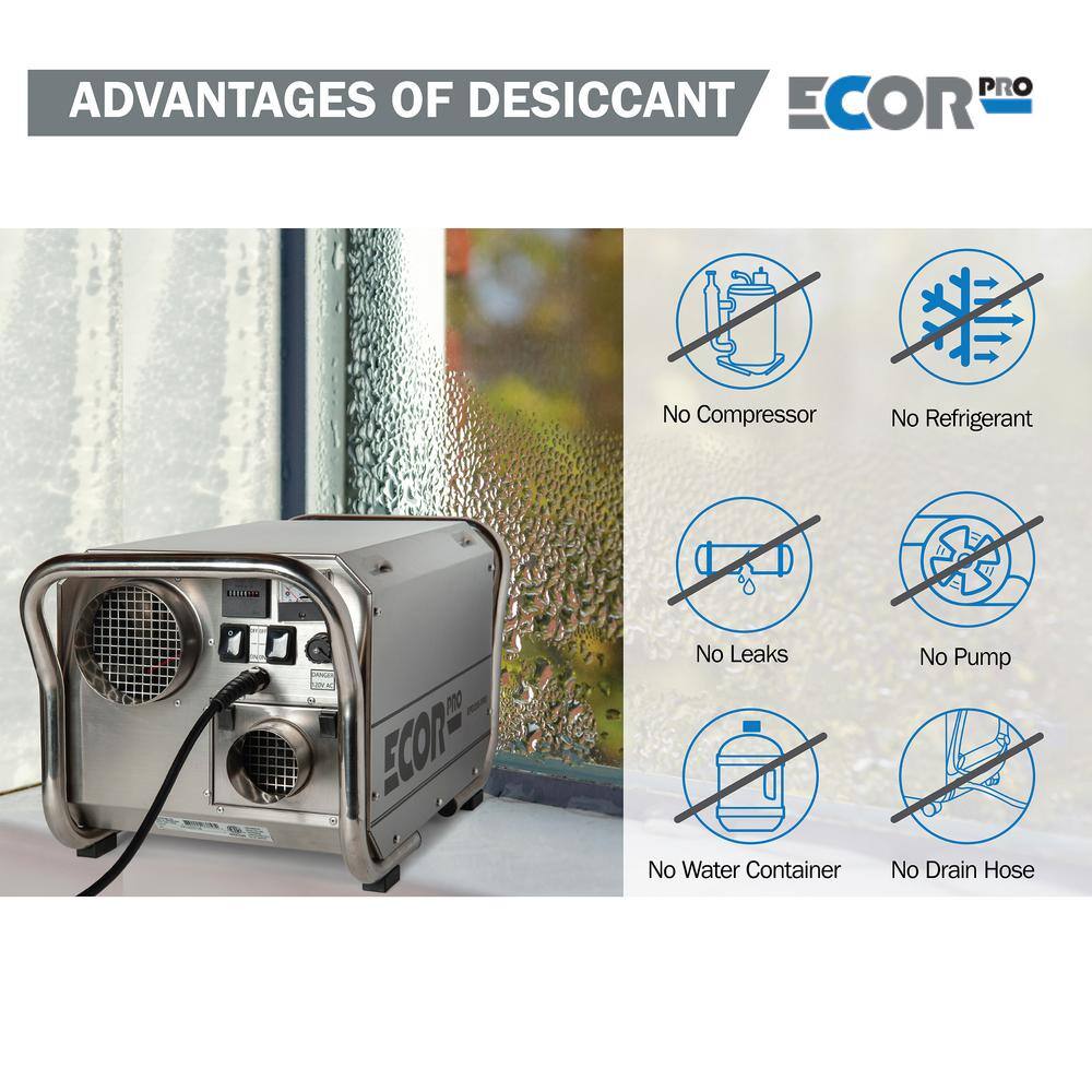 Ecor Pro 200 Pint Portable Commercial Stainless Steel Desiccant Dehumidifier for Basement CrawlSpace Whole House and Warehouses EPD200-PRO